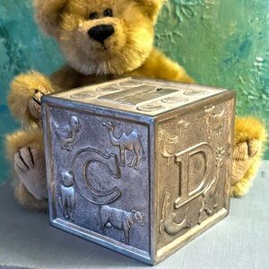 Vintage Silver Plated Alphabet Block Bank Piggy Bank Embossed Aged Patina